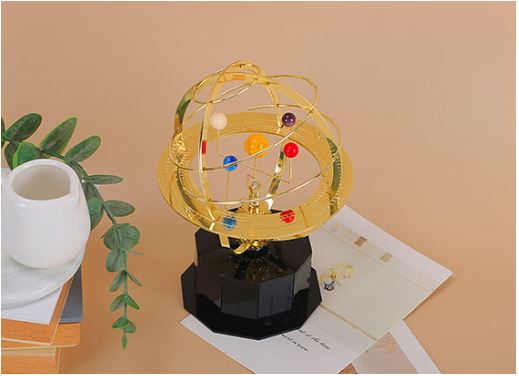 Handcrafted Mechanical Orrery Model with Brass Finish showcasing a 5 Planet Solar System replica, featuring intricate gears and planets that rotate elegantly, perfect for educational 1