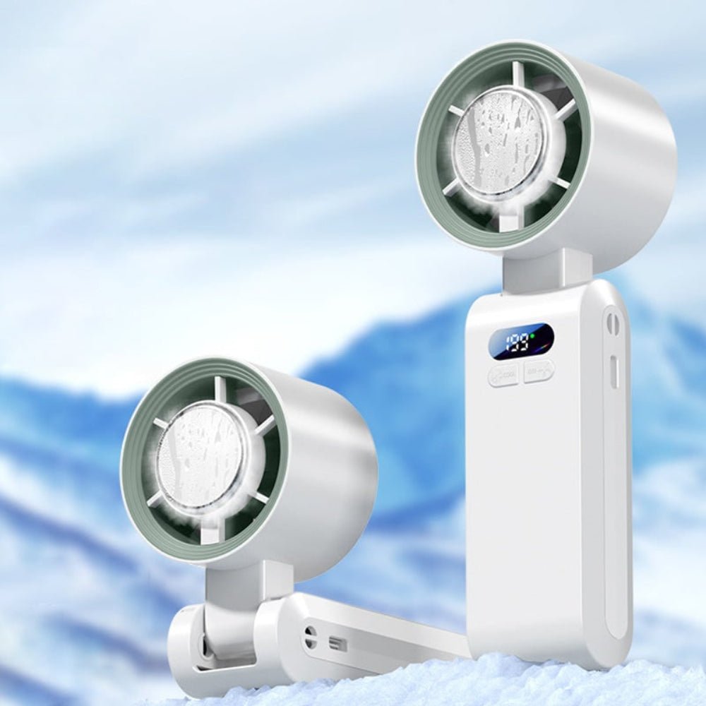 Handheld portable fan with rechargeable battery and foldable design, perfect for on-the-go cooling and versatility. 0