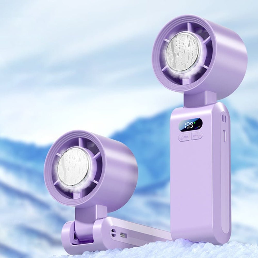 Handheld portable fan with rechargeable battery and foldable design, perfect for on-the-go cooling and versatility. 5