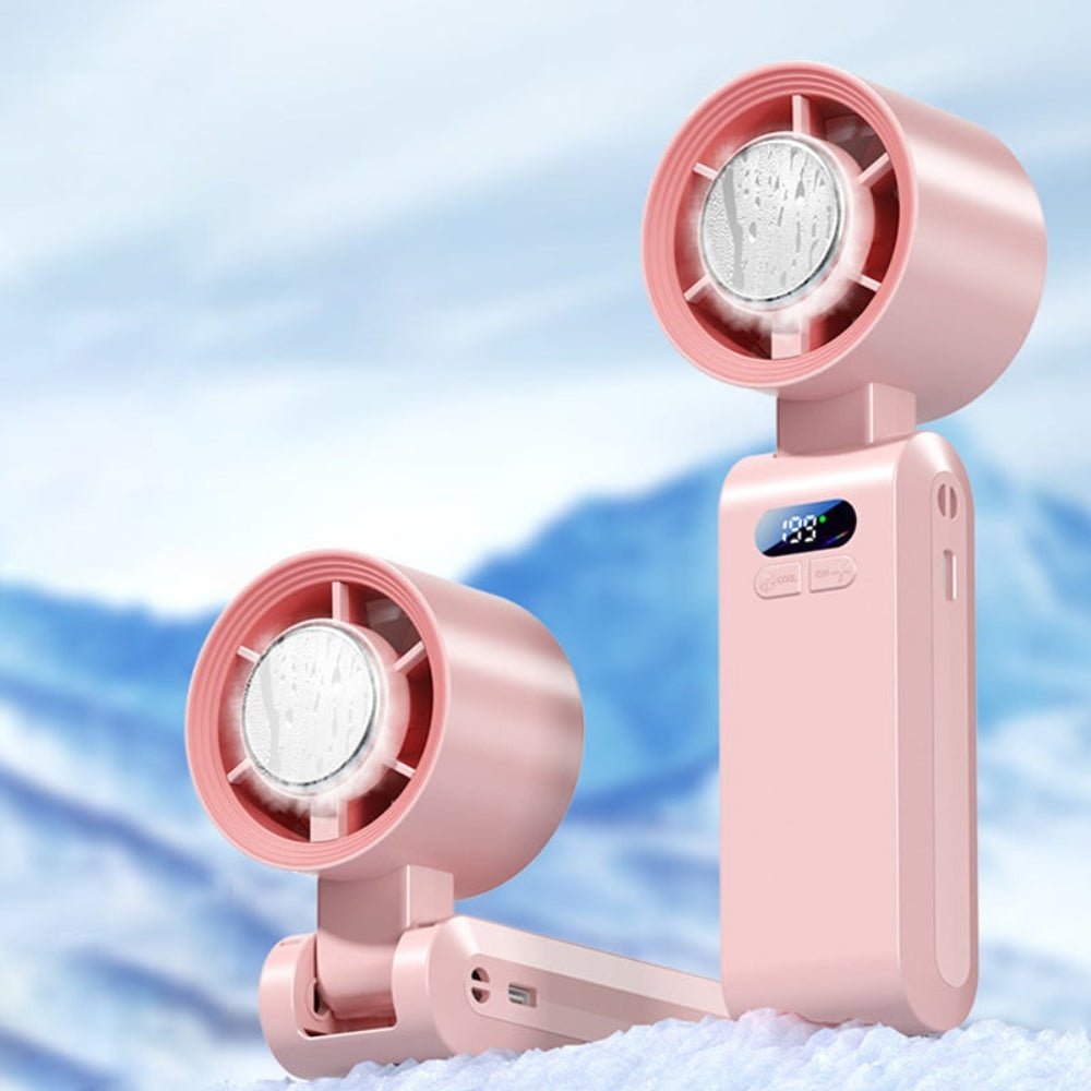 Handheld portable fan with rechargeable battery and foldable design, perfect for on-the-go cooling and versatility. 4