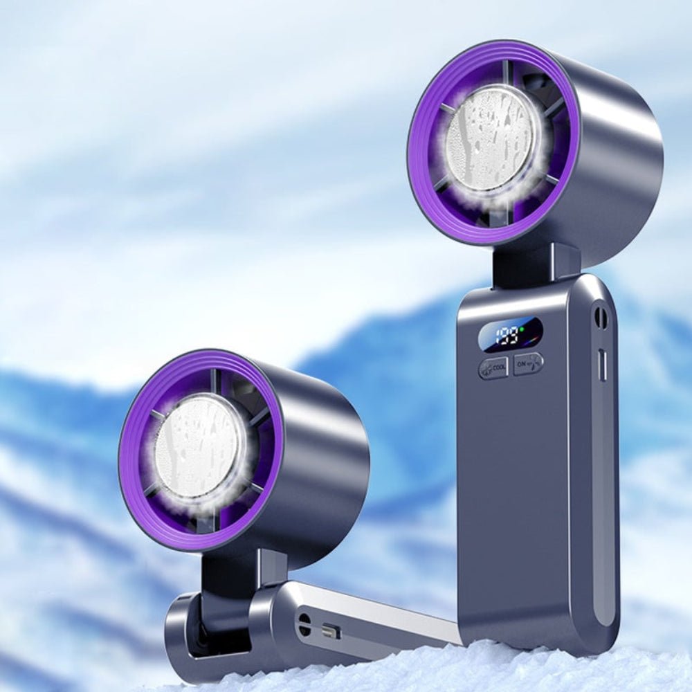 Handheld portable fan with rechargeable battery and foldable design, perfect for on-the-go cooling and versatility. 3