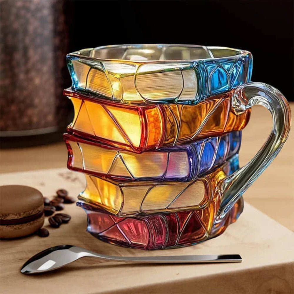 Handmade 350 ml glass coffee mug featuring a unique 3D book pattern, perfect for coffee and tea lovers who appreciate literary designs. 1