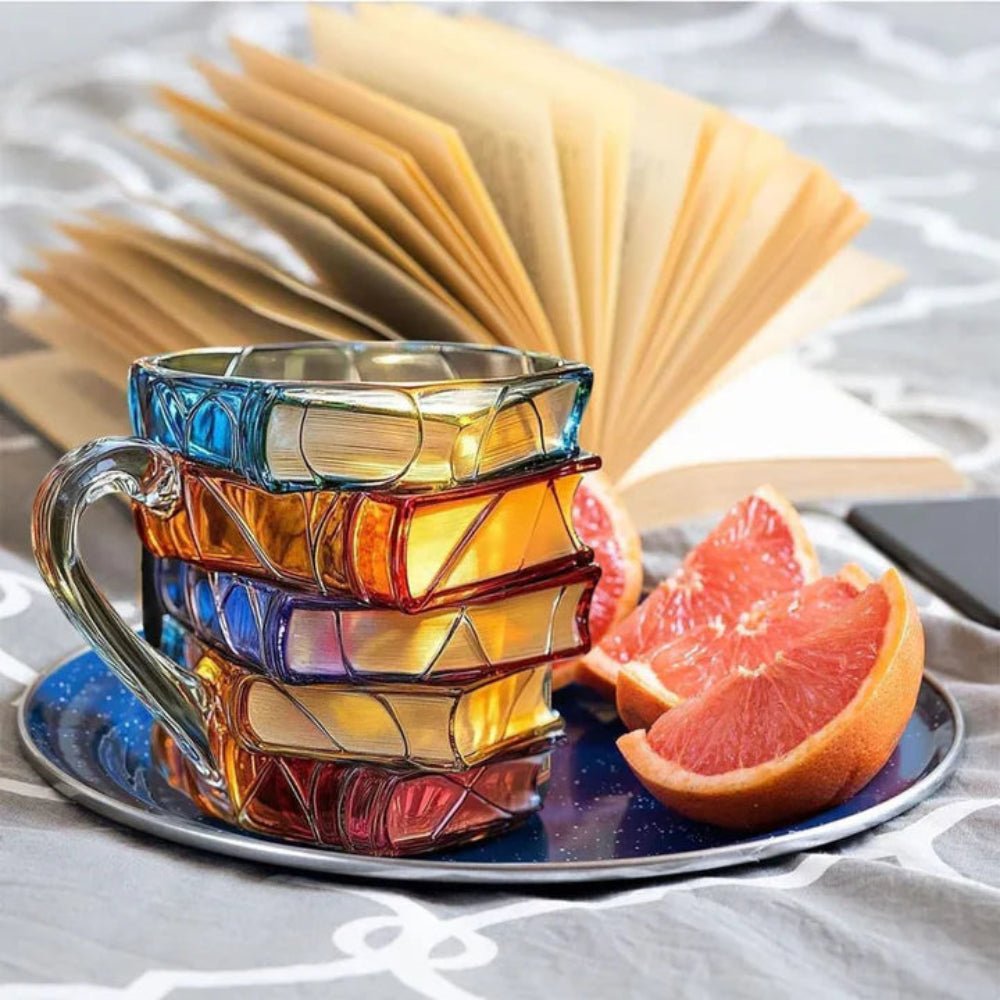 Handmade 350 ml glass coffee mug featuring a unique 3D book pattern, perfect for coffee and tea lovers who appreciate literary designs. 2