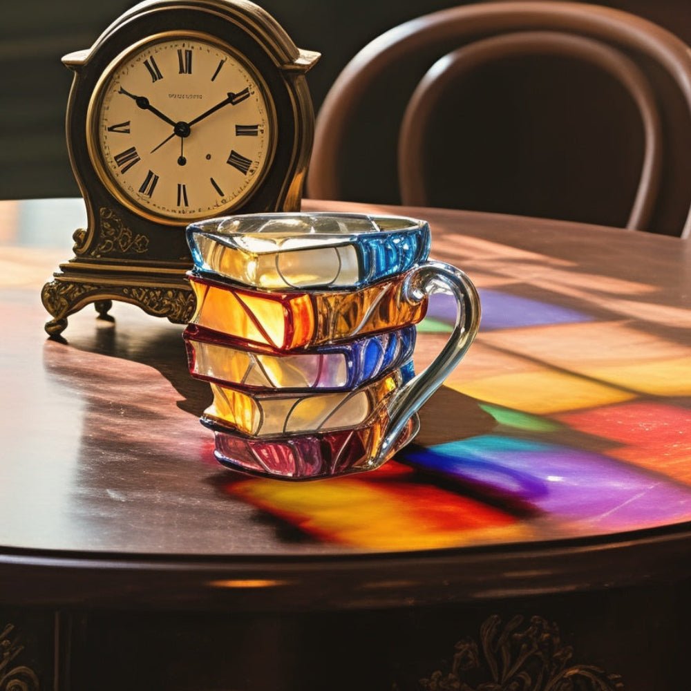 Handmade 350 ml glass coffee mug featuring a unique 3D book pattern, perfect for coffee and tea lovers who appreciate literary designs. 4