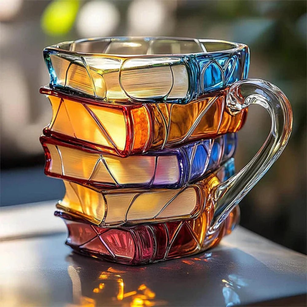 Handmade 350 ml glass coffee mug featuring a unique 3D book pattern, perfect for coffee and tea lovers who appreciate literary designs. 0