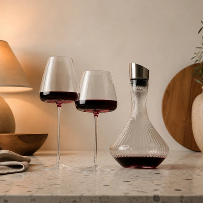 Handmade lead-free crystal wine glasses set featuring elegant clear stemware, perfect for serving red, white, and champagne. 0