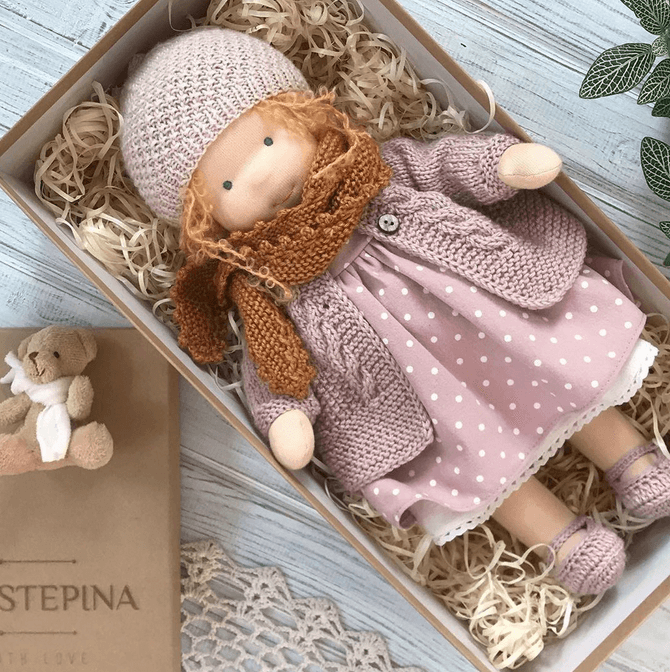 Handmade Waldorf doll crafted from hypoallergenic cotton and wool, measuring 35cm, perfect as a soft cuddle toy for children. 3