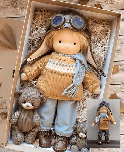 Handmade Waldorf plush doll 35 cm featuring soft cotton and wool in natural shades, perfect for imaginative play and nurturing creativity. 1