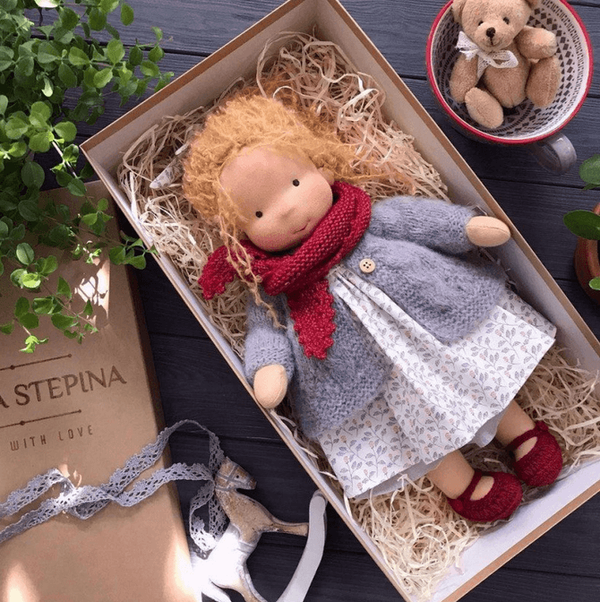 Handmade Waldorf plush doll 35 cm featuring soft cotton and wool in natural shades, perfect for imaginative play and nurturing creativity. 7