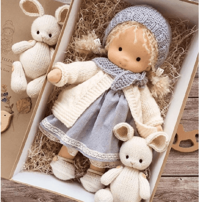 Handmade Waldorf plush doll 35 cm featuring soft cotton and wool in natural shades, perfect for imaginative play and nurturing creativity. 2