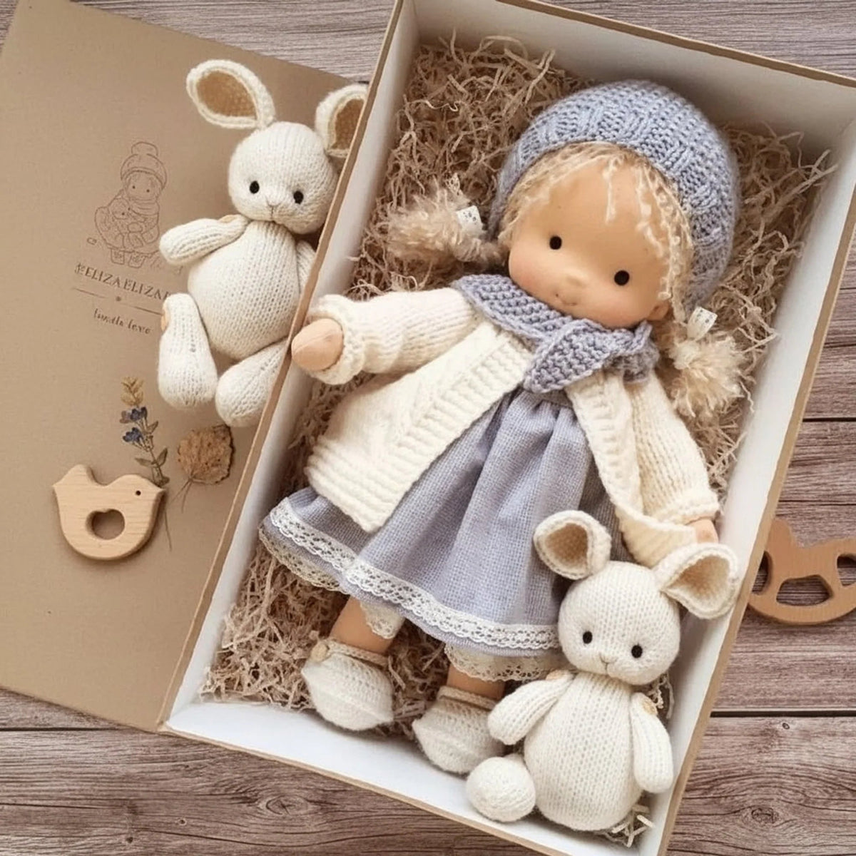Handmade Waldorf-style doll featuring a soft cotton body and gentle design, perfect for imaginative play and nurturing creativity in children. 0