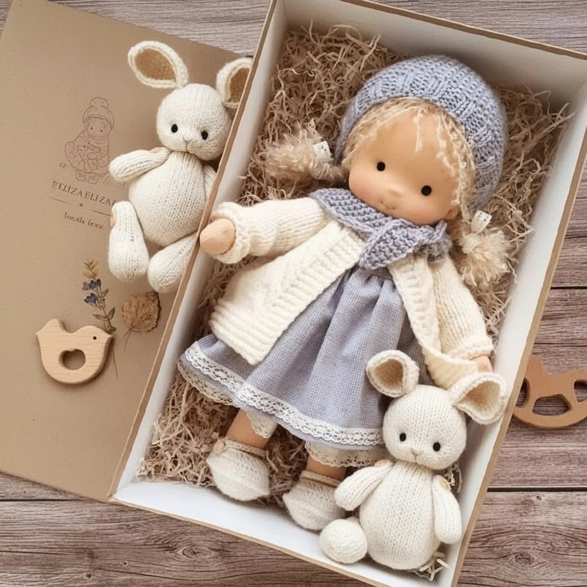 Handmade Waldorf-style doll featuring a soft cotton body and gentle design, perfect for imaginative play and nurturing creativity in children. 0