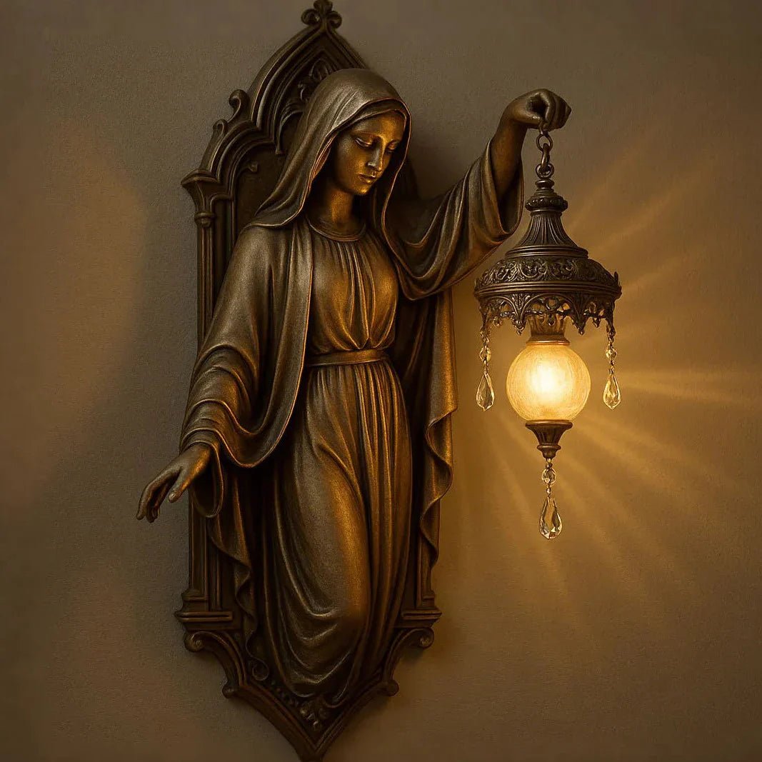 Handmade wall lamp featuring a fantasy spiritual motif, designed to provide soft LED lighting and operates wirelessly, perfect for enhancing any room's ambiance. 4