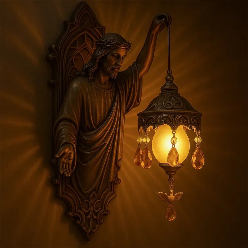 Handmade wall lamp featuring a fantasy spiritual motif, designed to provide soft LED lighting and operates wirelessly, perfect for enhancing any room's ambiance. 5