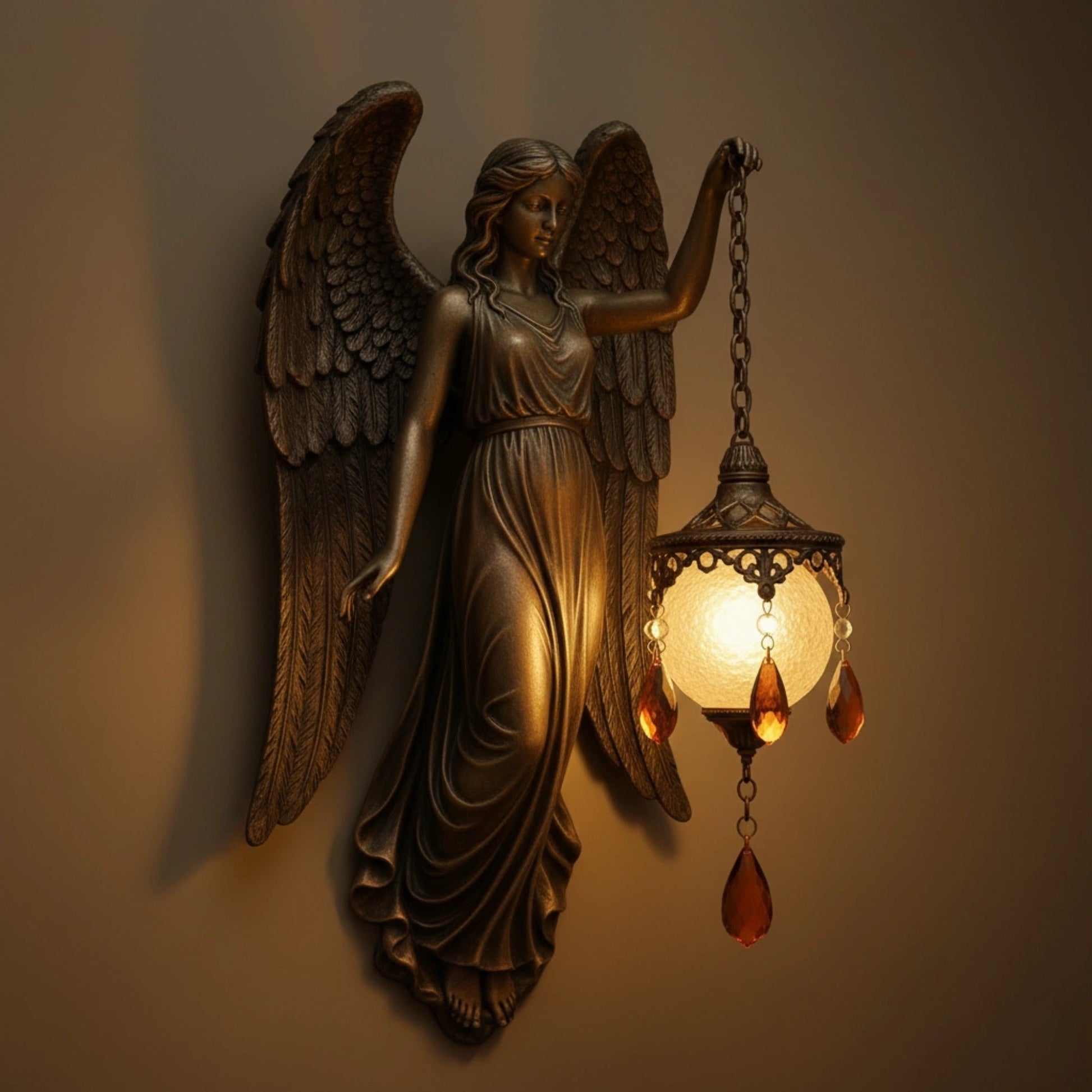 Handmade wall lamp featuring a fantasy spiritual motif, designed to provide soft LED lighting and operates wirelessly, perfect for enhancing any room's ambiance. 6