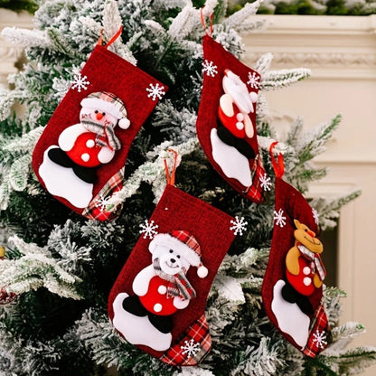 Hanging Christmas stockings set featuring Santa, snowman, and reindeer designs, made of festive polyester, perfect for holiday decor and stocking fillers. 2