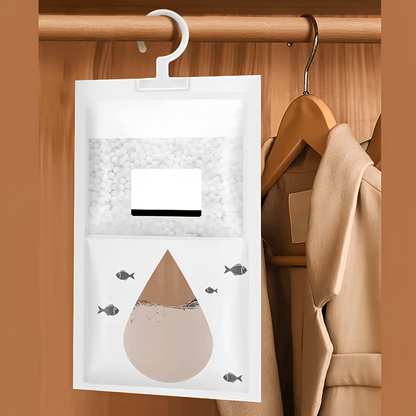 Hanging dehumidifier bags for moisture control, 5-pack, featuring an easy hanging design and no electricity needed for effective dampness absorption. 0