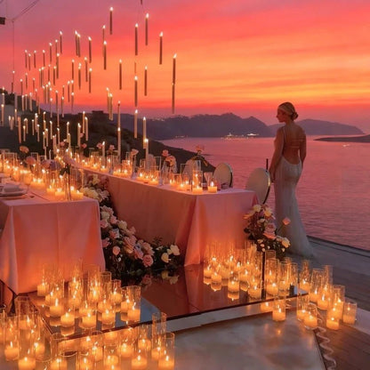 Hanging flameless candle with remote control, emitting warm white LED light, perfect for indoor and outdoor decor. 1
