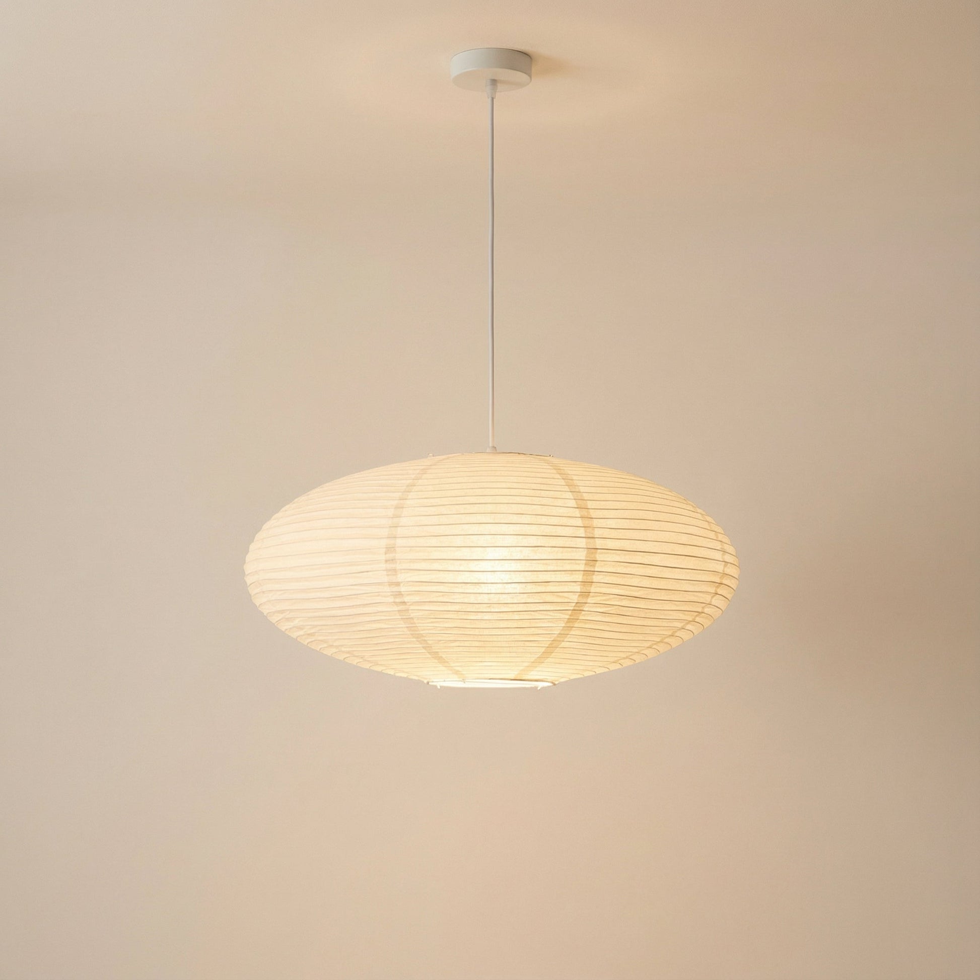 Hanging lamp with adjustable height featuring soft LED light, designed in a minimalist Wabi-Sabi style using handmade paper. 6