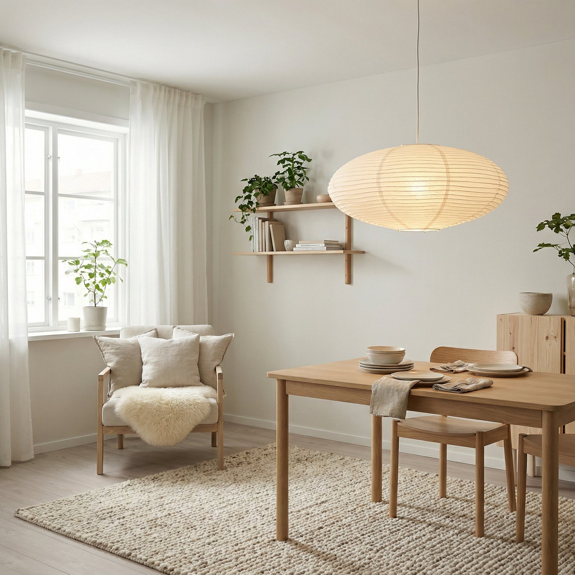 Hanging lamp with adjustable height featuring soft LED light, designed in a minimalist Wabi-Sabi style using handmade paper. 3
