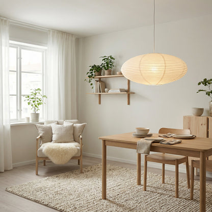 Hanging lamp with adjustable height featuring soft LED light, designed in a minimalist Wabi-Sabi style using handmade paper. 3