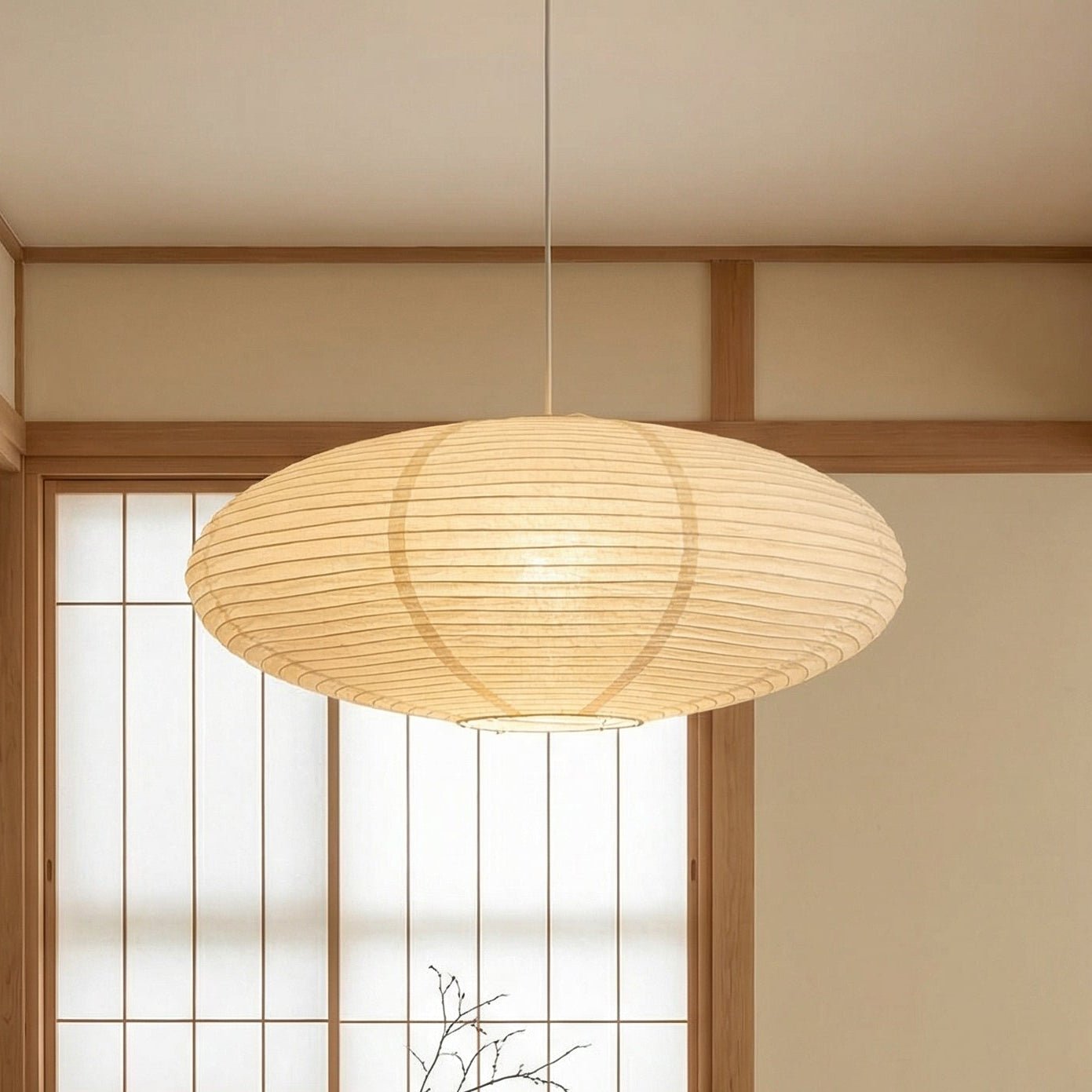 Hanging lamp with adjustable height featuring soft LED light, designed in a minimalist Wabi-Sabi style using handmade paper. 1