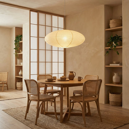 Hanging lamp with adjustable height featuring soft LED light, designed in a minimalist Wabi-Sabi style using handmade paper. 0
