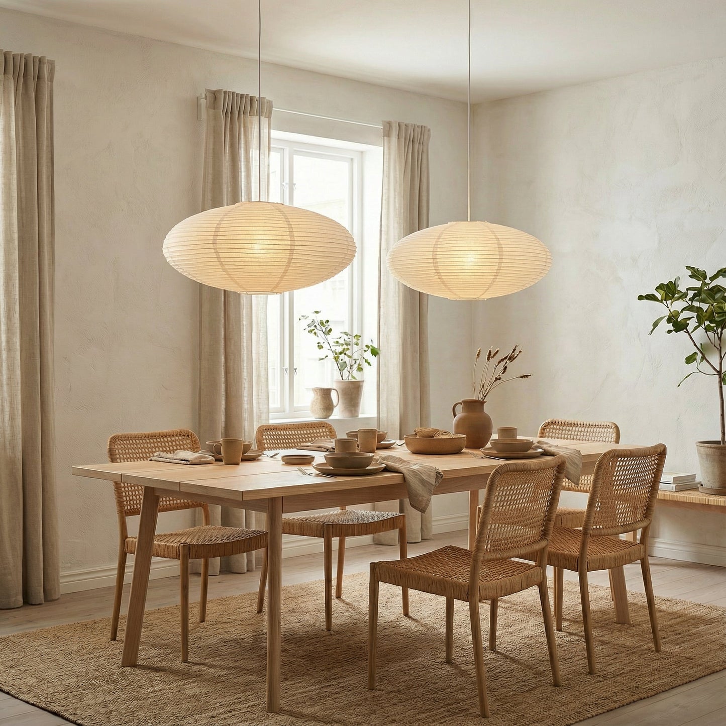 Hanging lamp with adjustable height featuring soft LED light, designed in a minimalist Wabi-Sabi style using handmade paper. 4