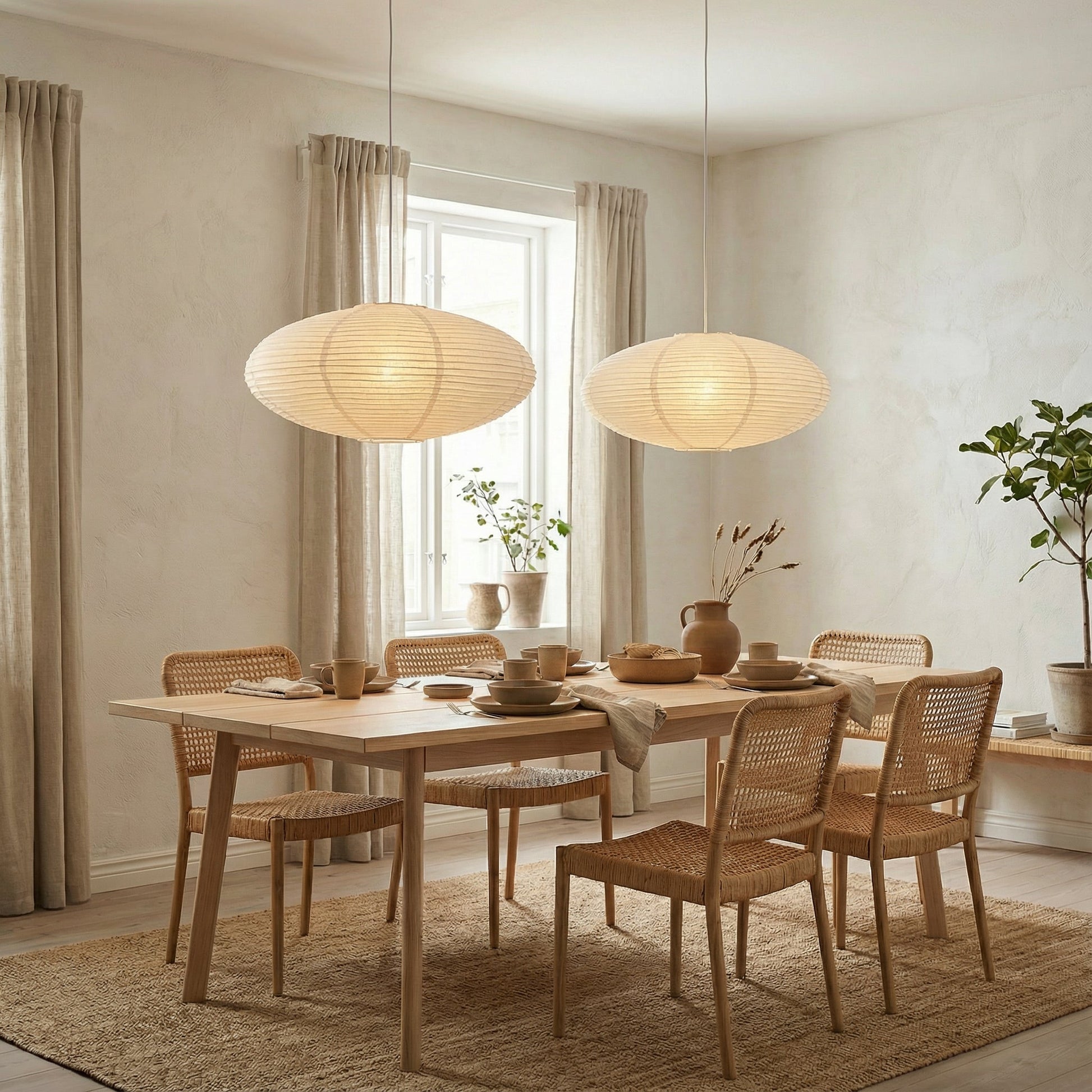 Hanging lamp with adjustable height featuring soft LED light, designed in a minimalist Wabi-Sabi style using handmade paper. 4