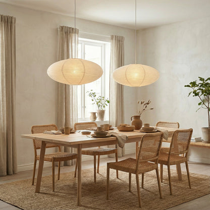 Hanging lamp with adjustable height featuring soft LED light, designed in a minimalist Wabi-Sabi style using handmade paper. 4