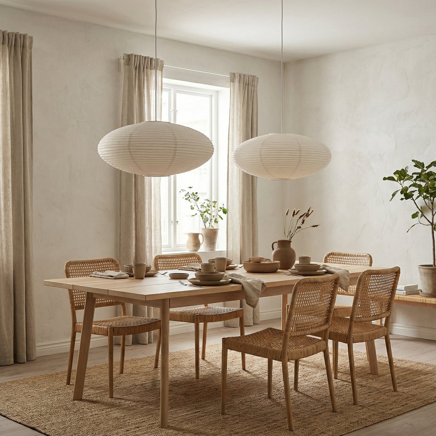 Hanging lamp with adjustable height featuring soft LED light, designed in a minimalist Wabi-Sabi style using handmade paper. 5