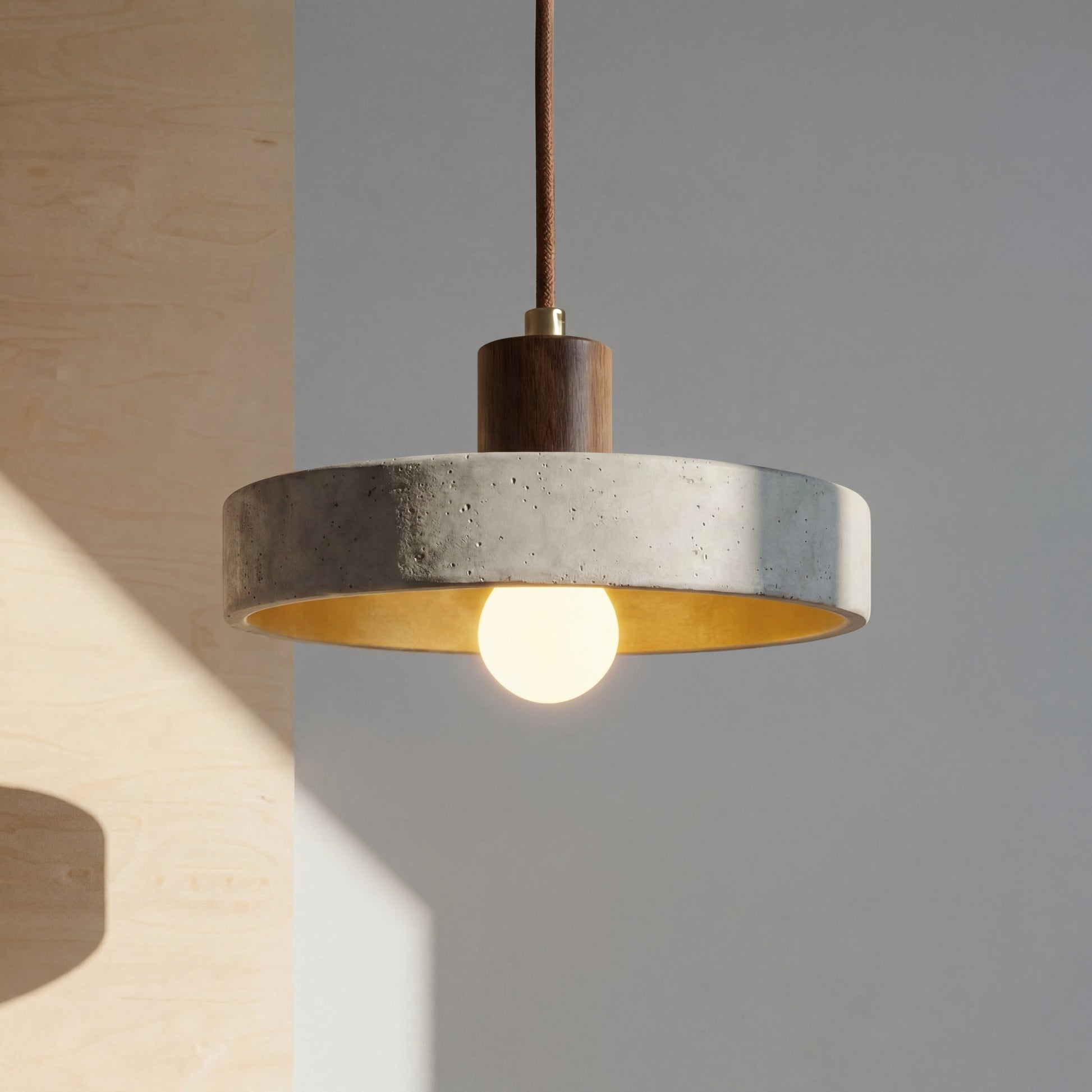 Hanging lamp with adjustable height featuring a warm LED light, designed in a Bauhaus-inspired minimalist style with a sleek travertine pendant. 1
