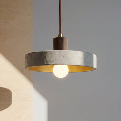 Hanging lamp with adjustable height featuring a warm LED light, designed in a Bauhaus-inspired minimalist style with a sleek travertine pendant. 1