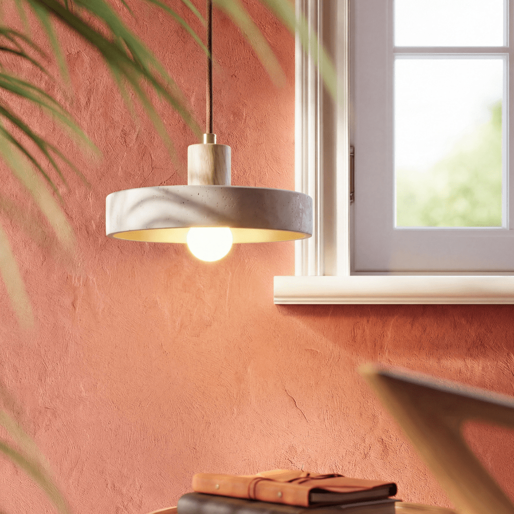 Hanging lamp with adjustable height featuring a warm LED light, designed in a Bauhaus-inspired minimalist style with a sleek travertine pendant. 2