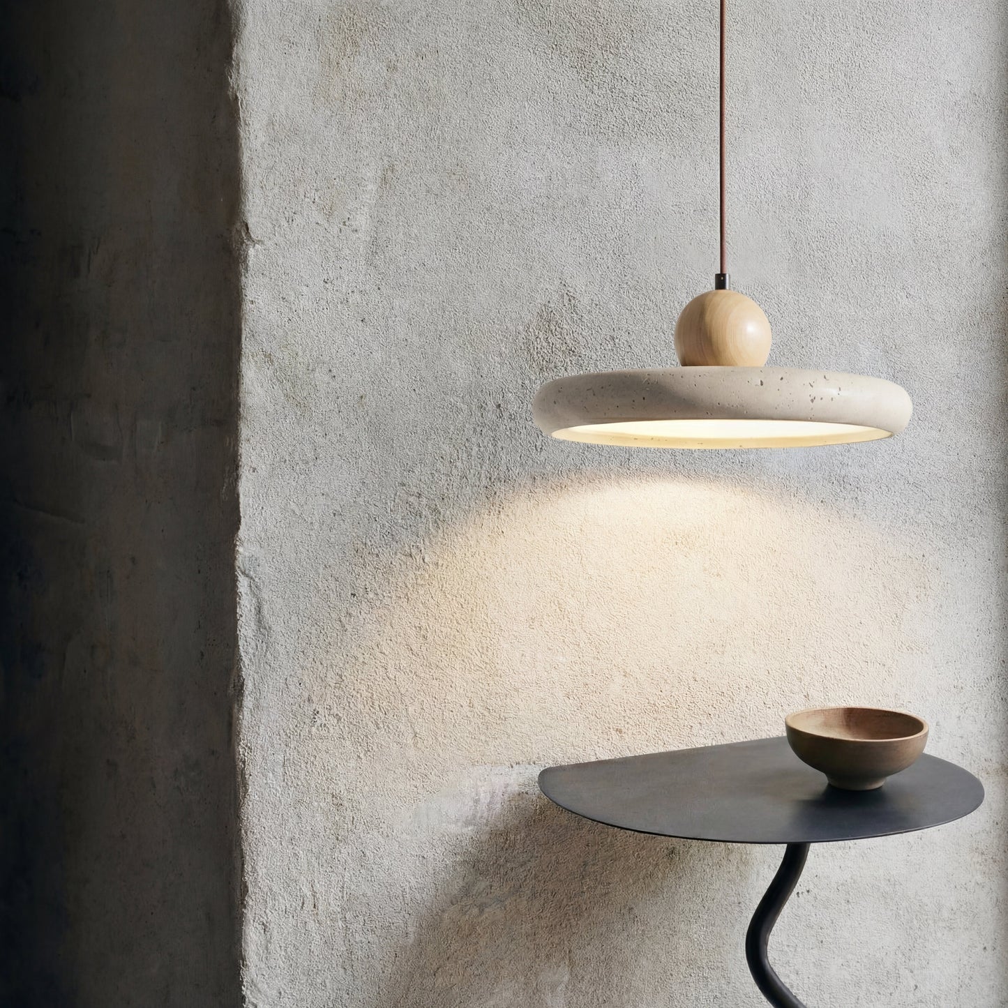 Hanging lamp featuring adjustable height, LED lighting, and a Scandinavian minimalist design, crafted from natural travertine and wood. 0