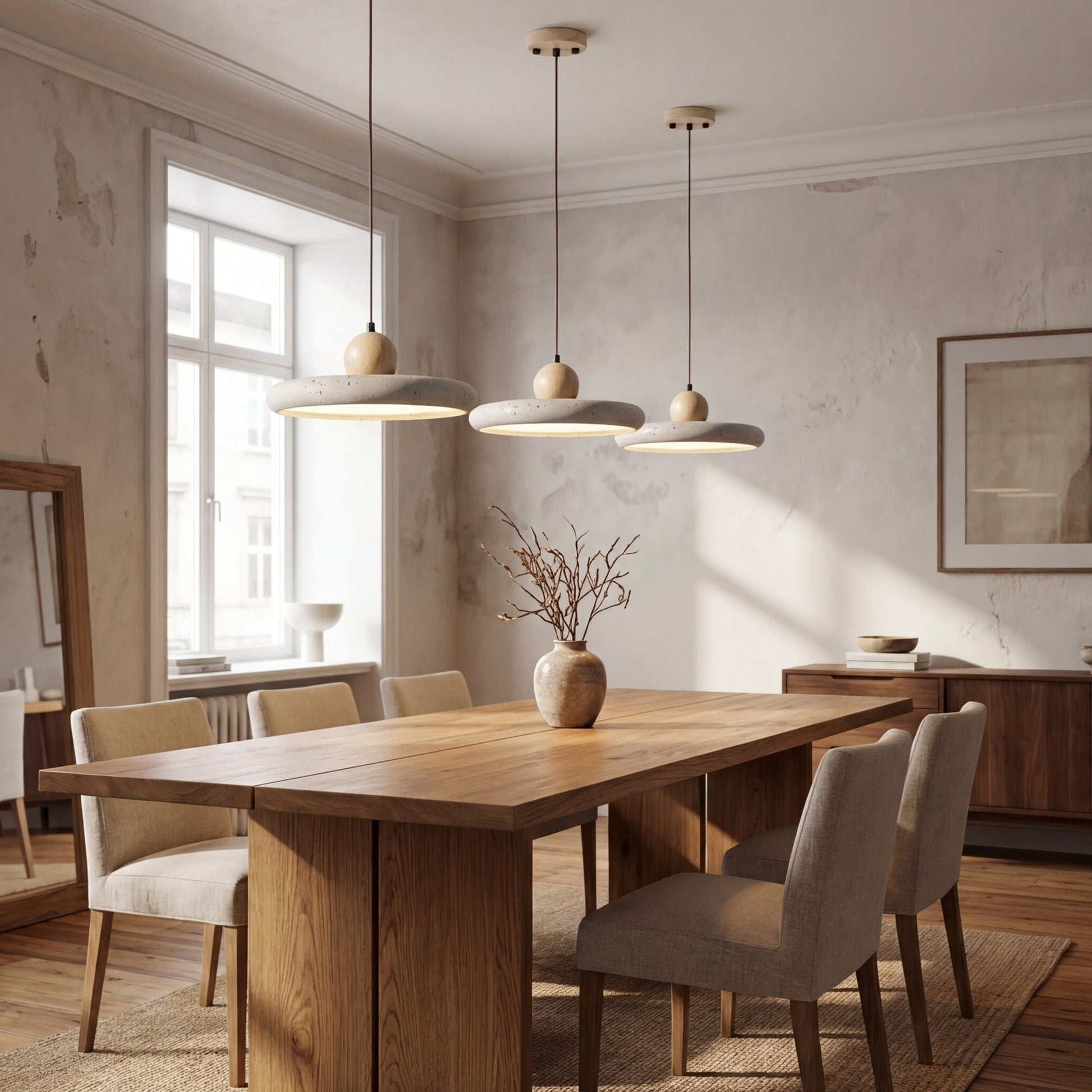 Hanging lamp featuring adjustable height, LED lighting, and a Scandinavian minimalist design, crafted from natural travertine and wood. 2
