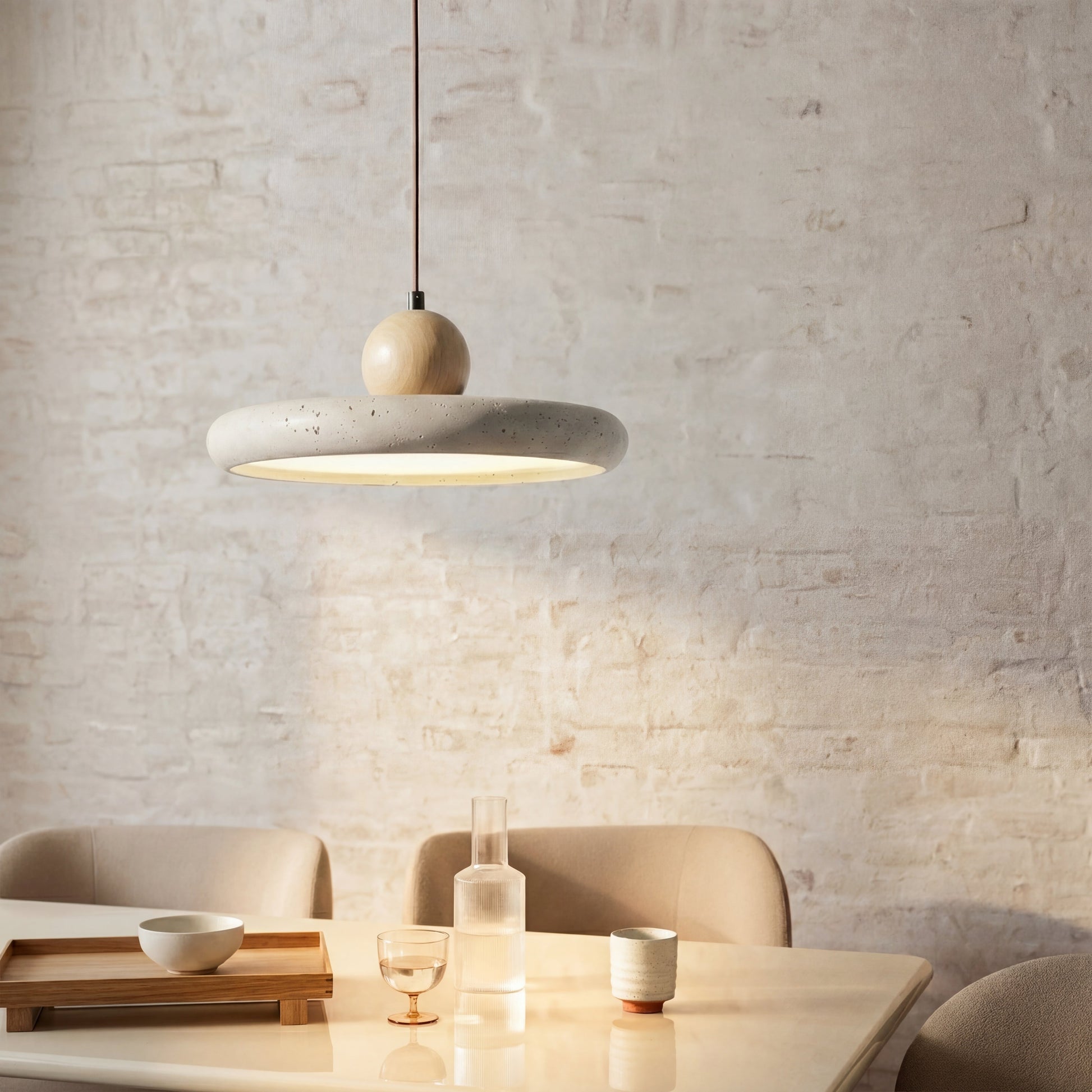 Hanging lamp featuring adjustable height, LED lighting, and a Scandinavian minimalist design, crafted from natural travertine and wood. 1