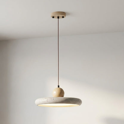 Hanging lamp featuring adjustable height, LED lighting, and a Scandinavian minimalist design, crafted from natural travertine and wood. 3