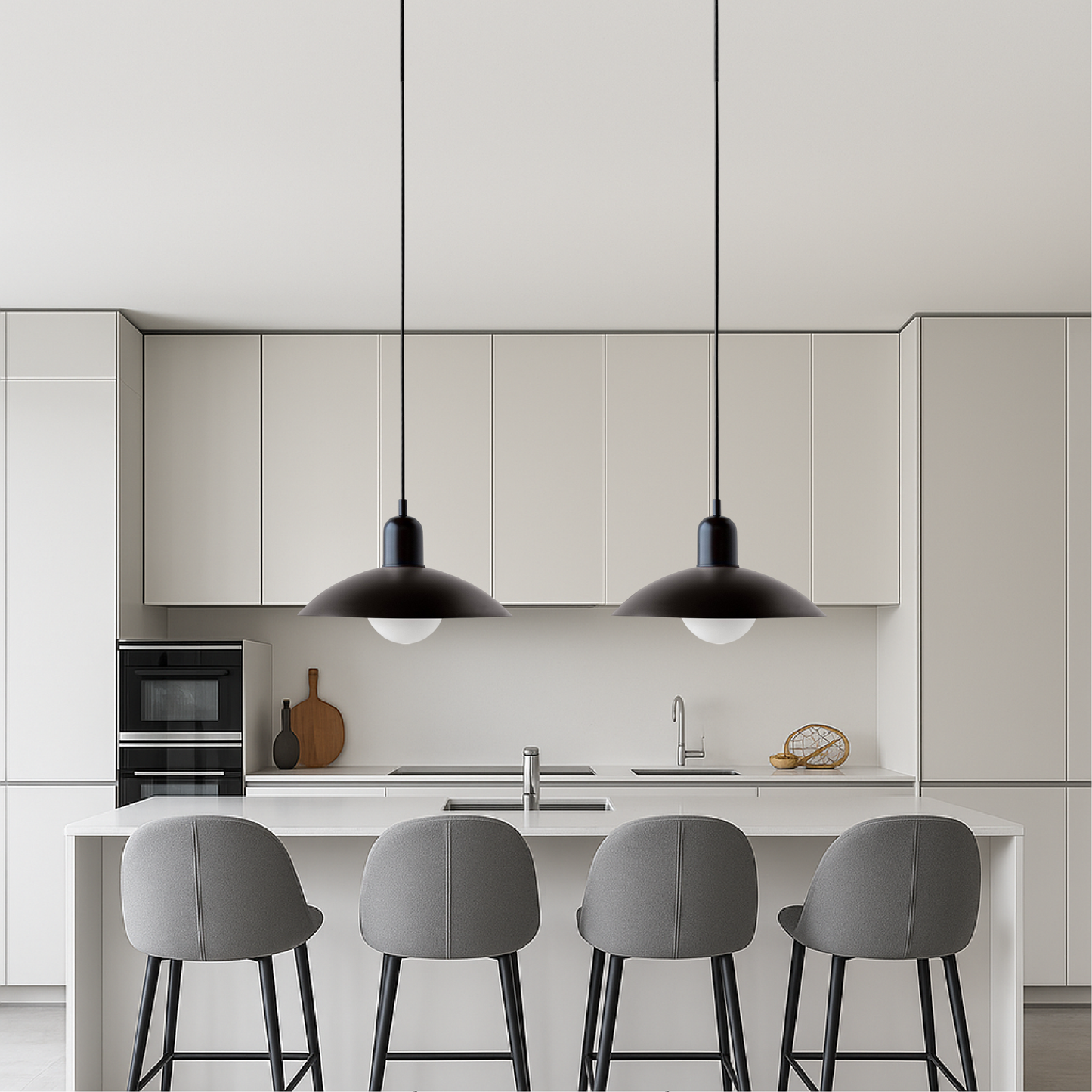 Hanging lamp with a curved metal shade designed for kitchen pendant lighting, featuring a minimalist style perfect for modern indoor decor. 4