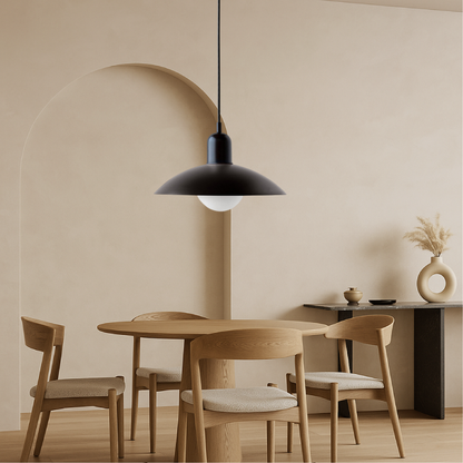 Hanging lamp with a curved metal shade designed for kitchen pendant lighting, featuring a minimalist style perfect for modern indoor decor. 2