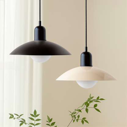 Hanging lamp with a curved metal shade designed for kitchen pendant lighting, featuring a minimalist style perfect for modern indoor decor. 1