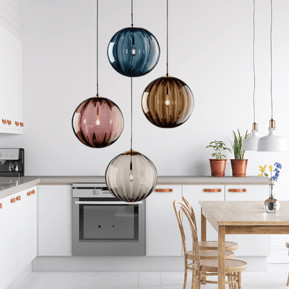Modern glass hanging lamp with dimmable light feature, perfect for kitchen and home décor, showcasing a sleek design that enhances any interior space. 0