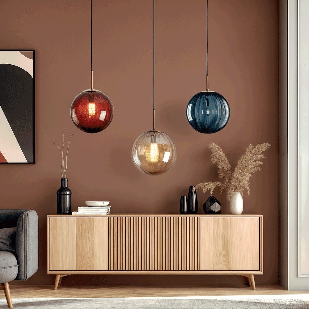 Modern glass hanging lamp with dimmable light feature, perfect for kitchen and home décor, showcasing a sleek design that enhances any interior space. 1