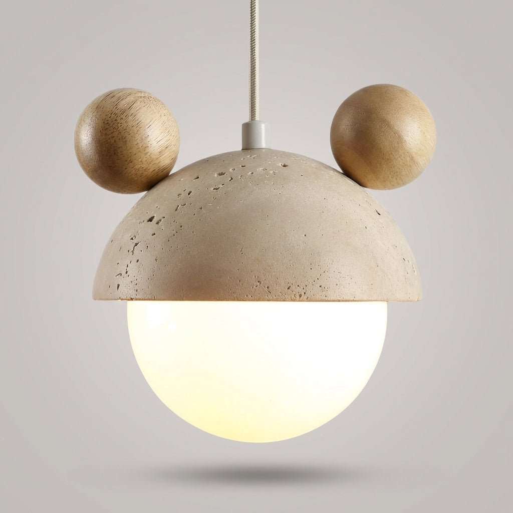 Hanging lamp featuring a warm LED light and a natural travertine finish, showcasing a playful minimalist design perfect for modern interiors. 2