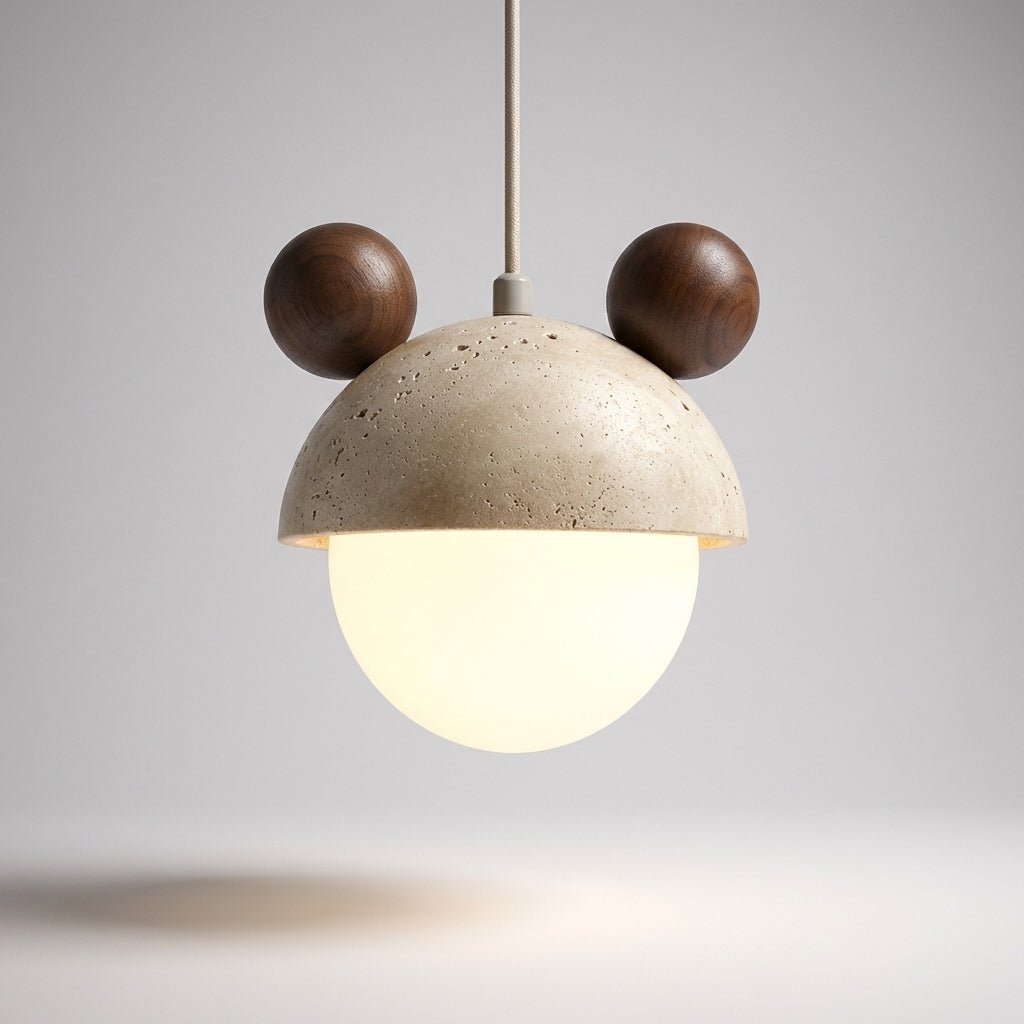 Hanging lamp featuring a warm LED light and a natural travertine finish, showcasing a playful minimalist design perfect for modern interiors. 6