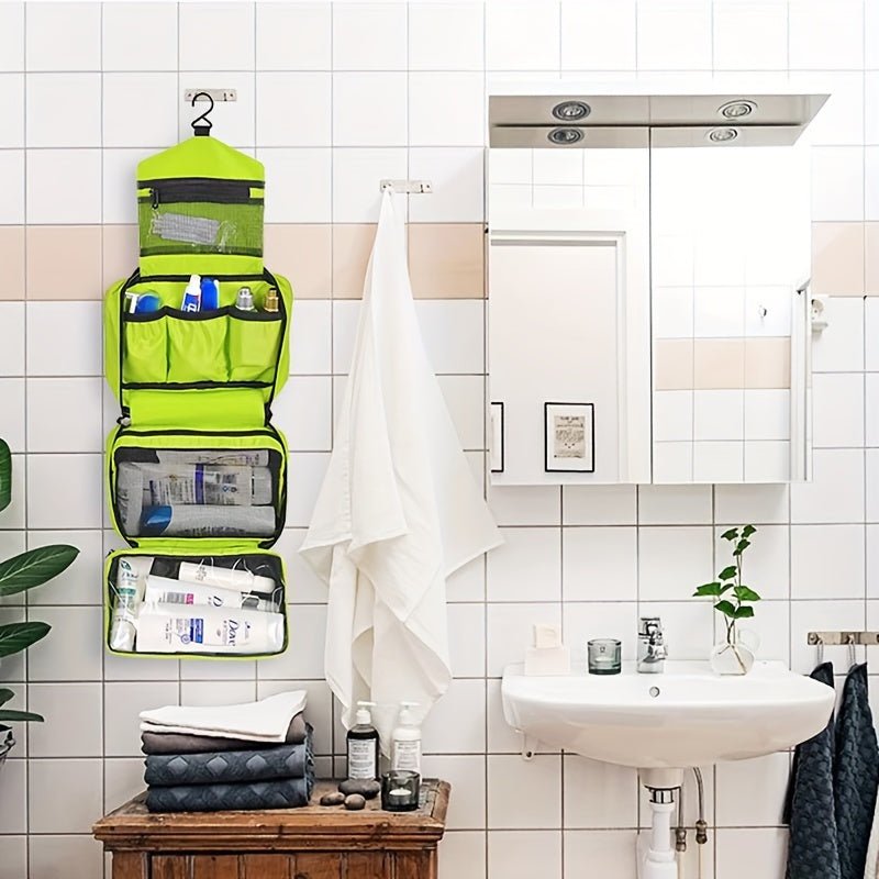 Hanging toiletry bag for travel featuring a compact, durable design, ideal space-saving organizer for men and women, showcasing multiple compartments for toiletries and accessories 5