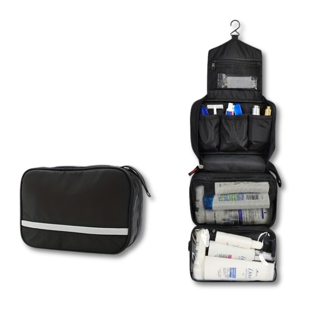 Hanging toiletry bag for travel featuring a compact, durable design, ideal space-saving organizer for men and women, showcasing multiple compartments for toiletries and accessories 1