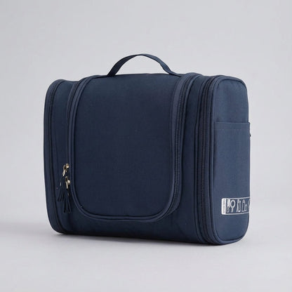 Hanging toiletry bag for travel featuring water-resistant lining, smart compartment division, and a foldable design for easy organization. 8