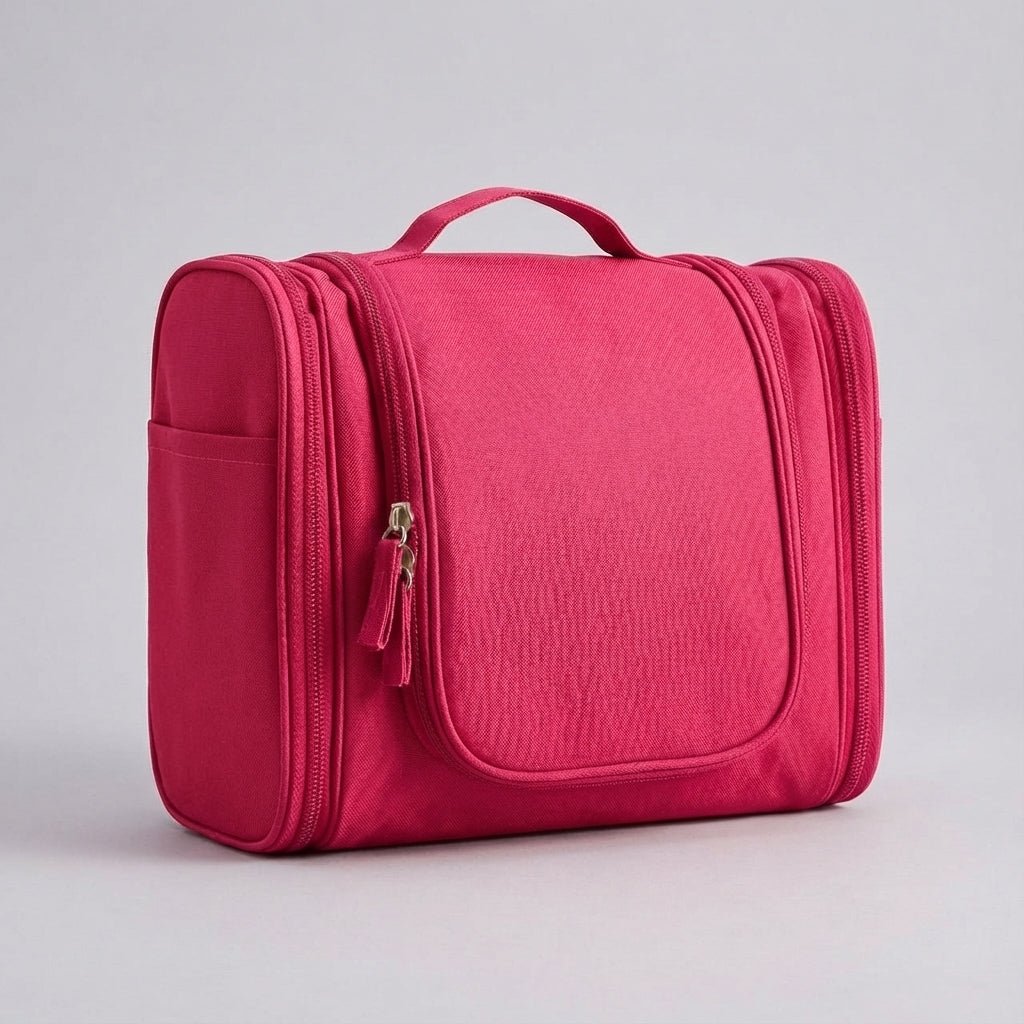 Hanging toiletry bag for travel featuring water-resistant lining, smart compartment division, and a foldable design for easy organization. 4