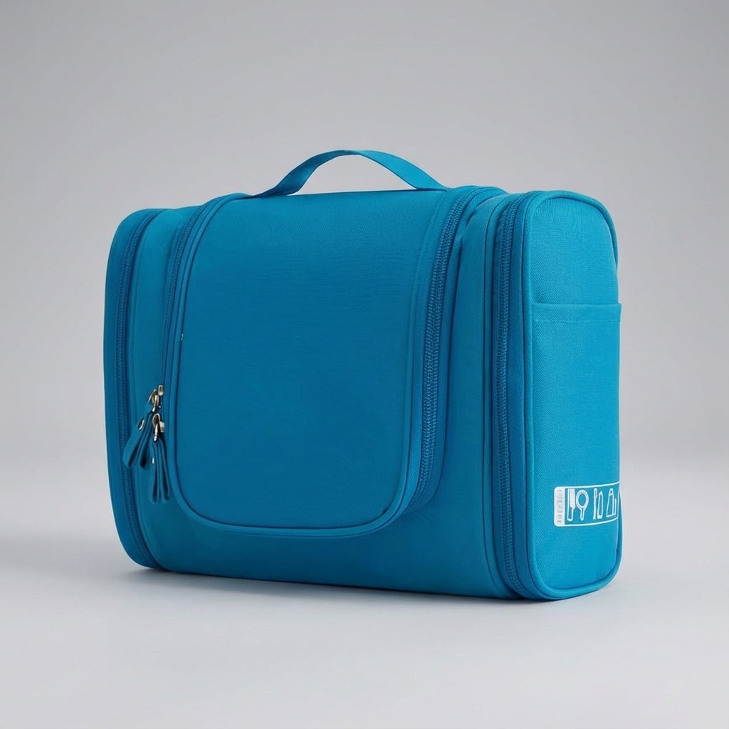 Hanging toiletry bag for travel featuring water-resistant lining, smart compartment division, and a foldable design for easy organization. 6